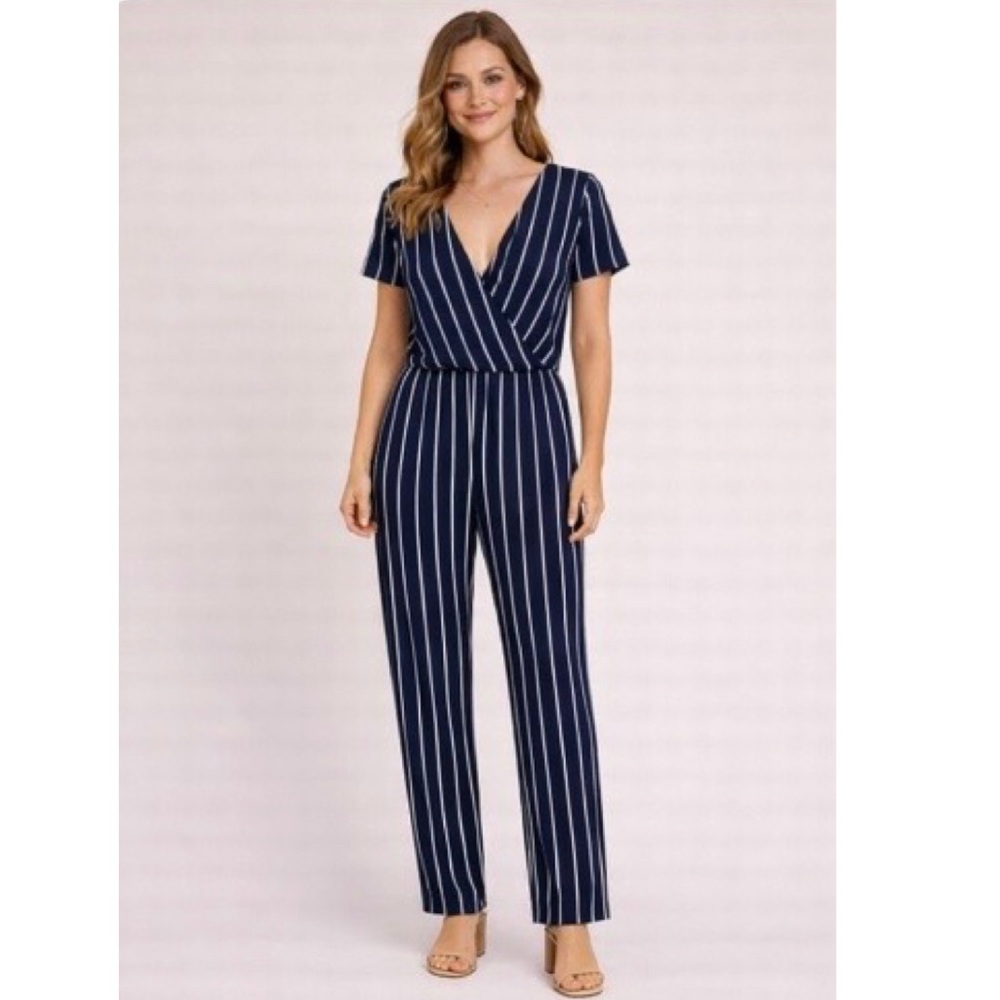 🍋 Trovare Navy White Stripe Surplice V-Neck Elastic Waist Jumpsuit NWT L